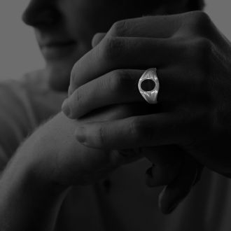 Oval Onyx and Diamond Mens Ring 10K White Gold