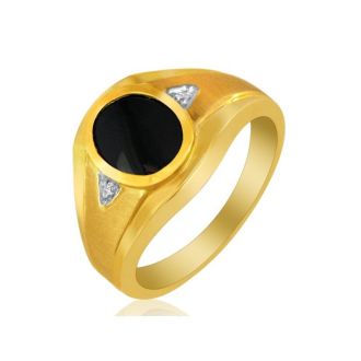 Oval Onyx and Diamond Mens Ring, 10K Yellow Gold