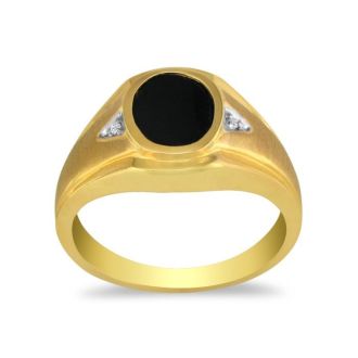 Oval Onyx and Diamond Mens Ring, 10K Yellow Gold