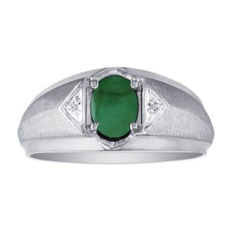 Mens Emerald and White Diamond Ring in 10k White Gold