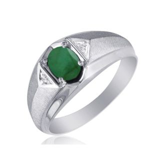 Mens Emerald and White Diamond Ring in 10k White Gold
