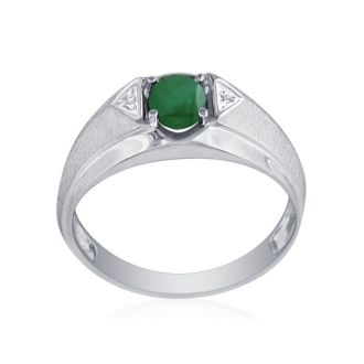 Mens Emerald and White Diamond Ring in 10k White Gold