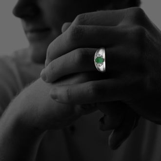 Mens Emerald and White Diamond Ring in 10k White Gold