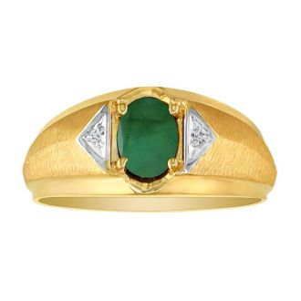 Mens Emerald and White Diamond Ring in 10k Yellow Gold