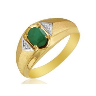 Mens Emerald and White Diamond Ring in 10k Yellow Gold
