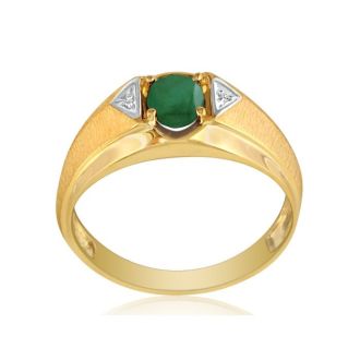 Mens Emerald and White Diamond Ring in 10k Yellow Gold