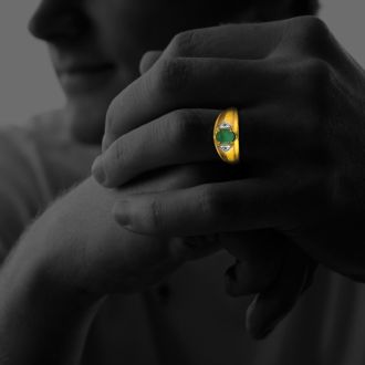 Mens Emerald and White Diamond Ring in 10k Yellow Gold