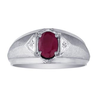 Mens Ruby and White Diamond Ring in 10k White Gold