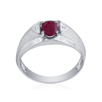 Mens Ruby and White Diamond Ring in 10k White Gold