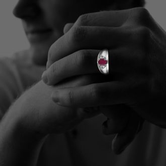 Mens Ruby and White Diamond Ring in 10k White Gold