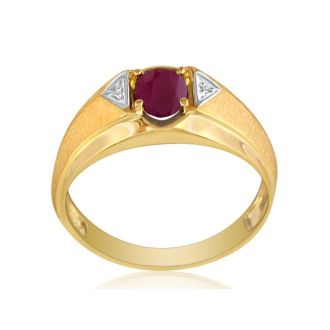 Mens Ruby and White Diamond Ring in 10k Yellow Gold