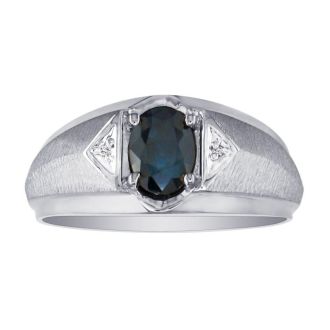 Mens Sapphire and White Diamond Ring in 10k White Gold