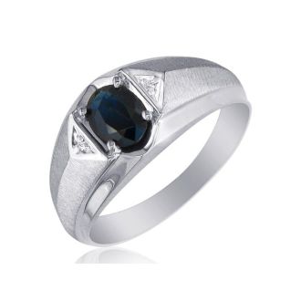 Mens Sapphire and White Diamond Ring in 10k White Gold