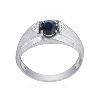 Mens Sapphire and White Diamond Ring in 10k White Gold