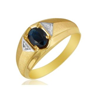 Mens Sapphire and White Diamond Ring in 10k Yellow Gold