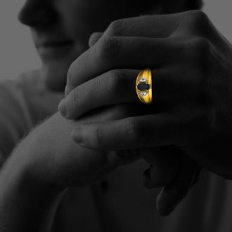 Mens Sapphire and White Diamond Ring in 10k Yellow Gold