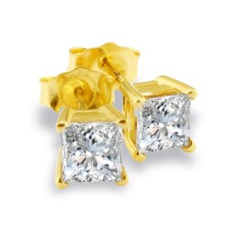  3/4ct Fine Quality Princess Diamond Stud Earrings In Yellow Gold