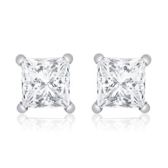 1ct Princess Cut Diamond Stud Earrings in 14k White Gold. Amazing Clearance Price!