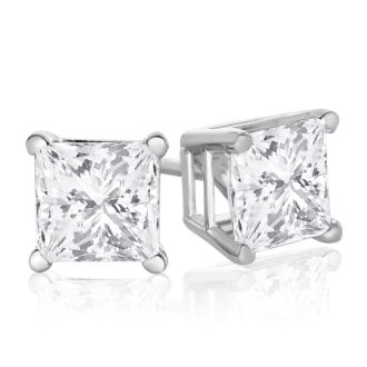 1 1/4ct Fine Quality Princess Diamond Stud Earrings In 14k White Gold