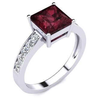Garnet Ring: Garnet Jewelry: Square Step Cut 1 2/3ct Garnet and Diamond Ring in 14K White Gold