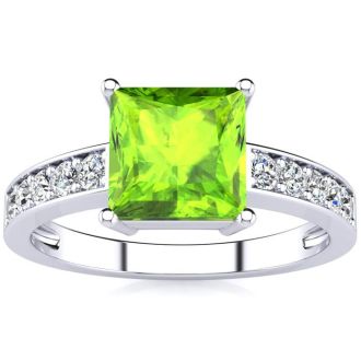 Square Step Cut 1 1/2ct Peridot and Diamond Ring in 14K White Gold