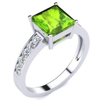 Square Step Cut 1 1/2ct Peridot and Diamond Ring in 14K White Gold