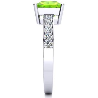 Square Step Cut 1 1/2ct Peridot and Diamond Ring in 14K White Gold