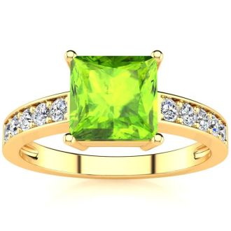 Square Step Cut 1 1/2ct Peridot and Diamond Ring in 14K Yellow Gold