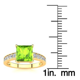 Square Step Cut 1 1/2ct Peridot and Diamond Ring in 14K Yellow Gold