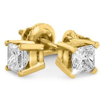 2ct Fine Quality Princess Diamond Stud Earrings In 14k Yellow Gold