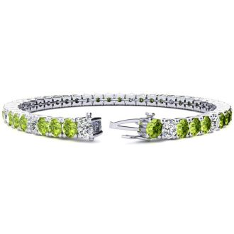 8 1/2 Carat Peridot and Diamond Alternating Tennis Bracelet In 14 Karat White Gold, 6 1/2 Inches