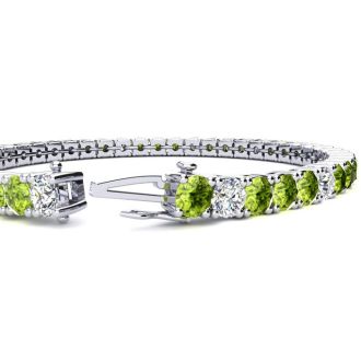 10 1/2 Carat Peridot and Diamond Alternating Tennis Bracelet In 14 Karat White Gold, 8 Inches