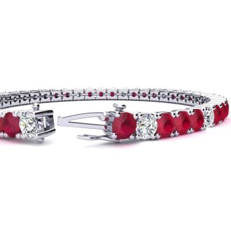Ruby Bracelet; Ruby Tennis Bracelet; 11 2/3 Carat Ruby and Diamond Alternating Tennis Bracelet In 14 Karat White Gold