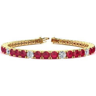 Ruby Bracelet; Ruby Tennis Bracelet; 11 2/3 Carat Ruby and Diamond Alternating Tennis Bracelet In 14 Karat Yellow Gold