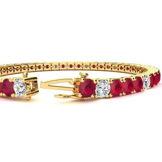 Ruby Bracelet; Ruby Tennis Bracelet; 13 1/2 Carat Ruby and Diamond Alternating Tennis Bracelet In 14 Karat Yellow Gold