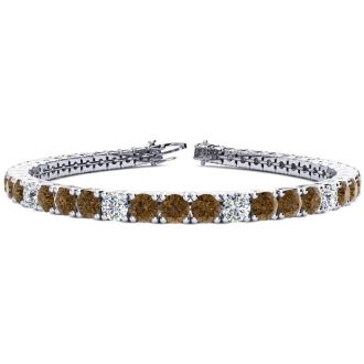11 3/4 Carat Chocolate Bar Brown Champagne and White Diamond Alternating Tennis Bracelet In 14 Karat White Gold, 9 Inches