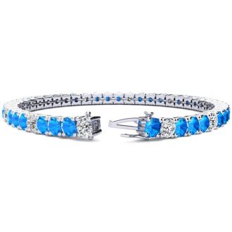 11 Carat Blue Topaz and Diamond Alternating Tennis Bracelet In 14 Karat White Gold, 7 Inches