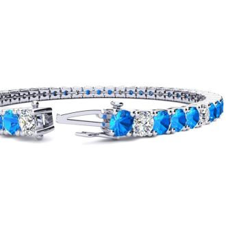 11 Carat Blue Topaz and Diamond Alternating Tennis Bracelet In 14 Karat White Gold, 7 Inches