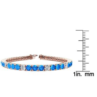 11 Carat Blue Topaz and Diamond Alternating Tennis Bracelet In 14 Karat Rose Gold, 7 Inches
