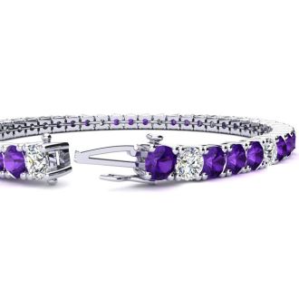 9 1/5 Carat Amethyst and Diamond Alternating Tennis Bracelet In 14 Karat White Gold, 7 Inches