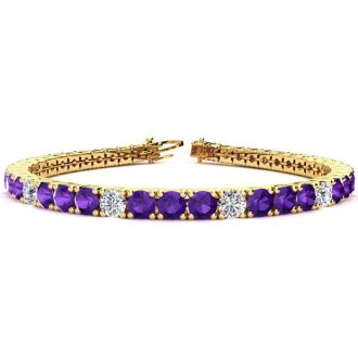 8 1/2 Carat Amethyst and Diamond Alternating Tennis Bracelet In 14 Karat Yellow Gold, 6 1/2 Inches