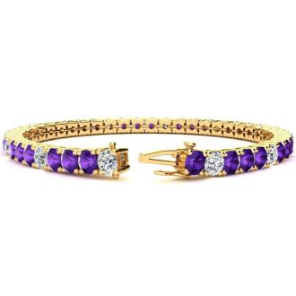 8 1/2 Carat Amethyst and Diamond Alternating Tennis Bracelet In 14 Karat Yellow Gold, 6 1/2 Inches