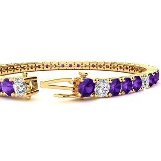 8 1/2 Carat Amethyst and Diamond Alternating Tennis Bracelet In 14 Karat Yellow Gold, 6 1/2 Inches