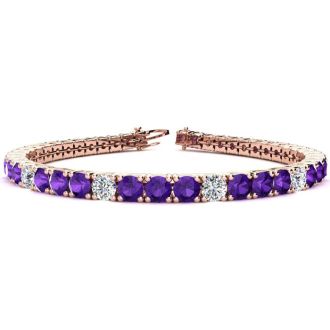 9 1/5 Carat Amethyst and Diamond Alternating Tennis Bracelet In 14 Karat Rose Gold, 7 Inches