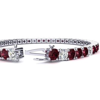 Garnet Bracelet: Garnet Jewelry: 9 1/4 Carat Garnet and Diamond Alternating Tennis Bracelet In 14 Karat White Gold, 6 1/2 Inches