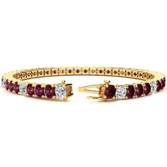 Garnet Bracelet: Garnet Jewelry: 11 1/2 Carat Garnet and Diamond Alternating Tennis Bracelet In 14 Karat Yellow Gold, 8 Inches