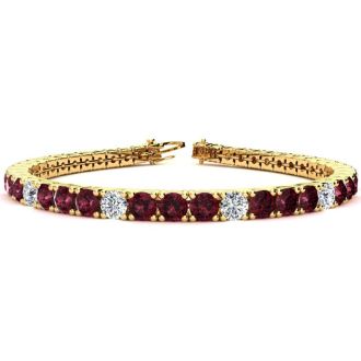 Garnet Bracelet: Garnet Jewelry: 12 3/4 Carat Garnet and Diamond Alternating Tennis Bracelet In 14 Karat Yellow Gold, 9 Inches