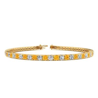 3 1/2 Carat Citrine And Diamond Tennis Bracelet In 14 Karat Yellow Gold, 6 1/2 Inches