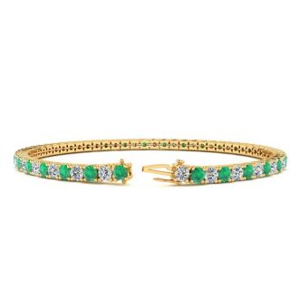 4 Carat Emerald And Diamond Tennis Bracelet In 14 Karat Yellow Gold, 6 1/2 Inches