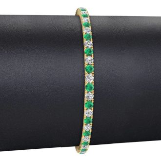 5 1/2 Carat Emerald And Diamond Tennis Bracelet In 14 Karat Yellow Gold, 9 Inches